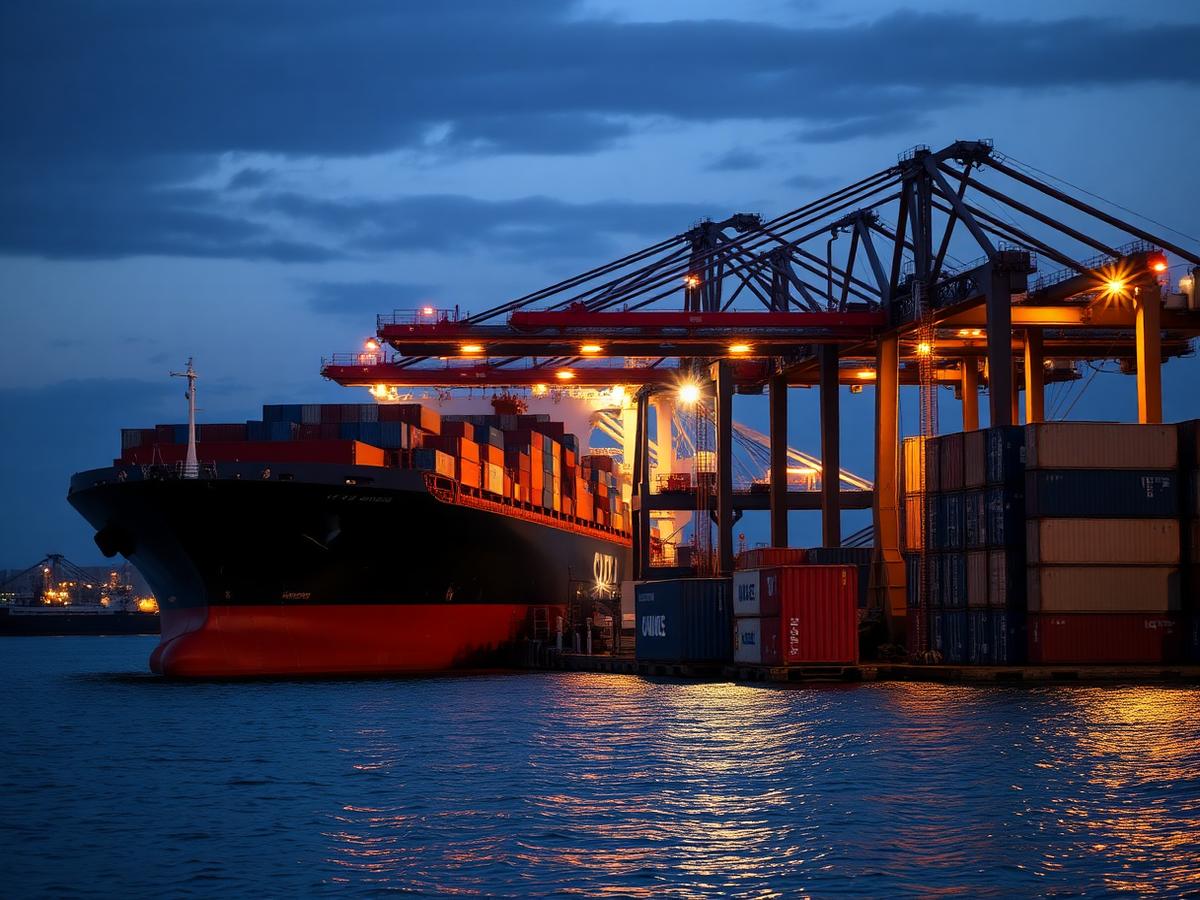 Cargo ship and shipping containers at a commercial port
